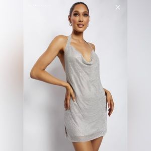 MESHKI Meilani low back diamanté mesh mini dress- silver